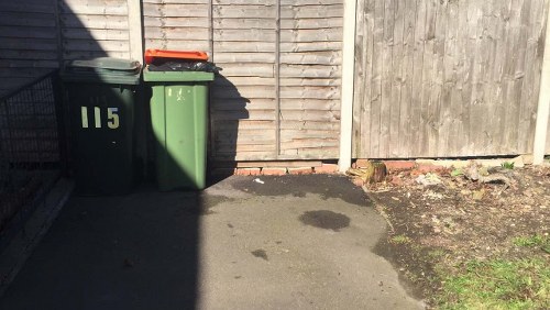 The image shows two large wheelie bins positioned on a paved driveway or pathway next to a wooden fence and garden fence panels. One bin is dark green with the number 115 painted in yellow, and the other is a lighter green, both with open lids revealing the tops of their contents. The black bin is slightly taller and positioned on the left, while the lighter green bin is to its right. The ground appears to be a concrete surface with visible dark patches, possibly oil or water stains. To the right, there is a small patch of gravel or soil adjacent to the fence, with some patches of grass or weeds near the base of the wooden fencing. The overall scene suggests a typical outdoor area where rubbish or waste materials may be collected or temporarily stored, consistent with services provided by Commercial Waste Removal Chingford, especially for rubbish disposal needs within the local postcode area. The lighting indicates a sunny day, casting shadows on the ground.